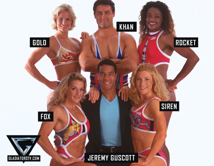 The new Gladiators cast for 1997: Gold, Khan, Rocket, Siren, and Fox, joined by co-host Jeremy Guscott.