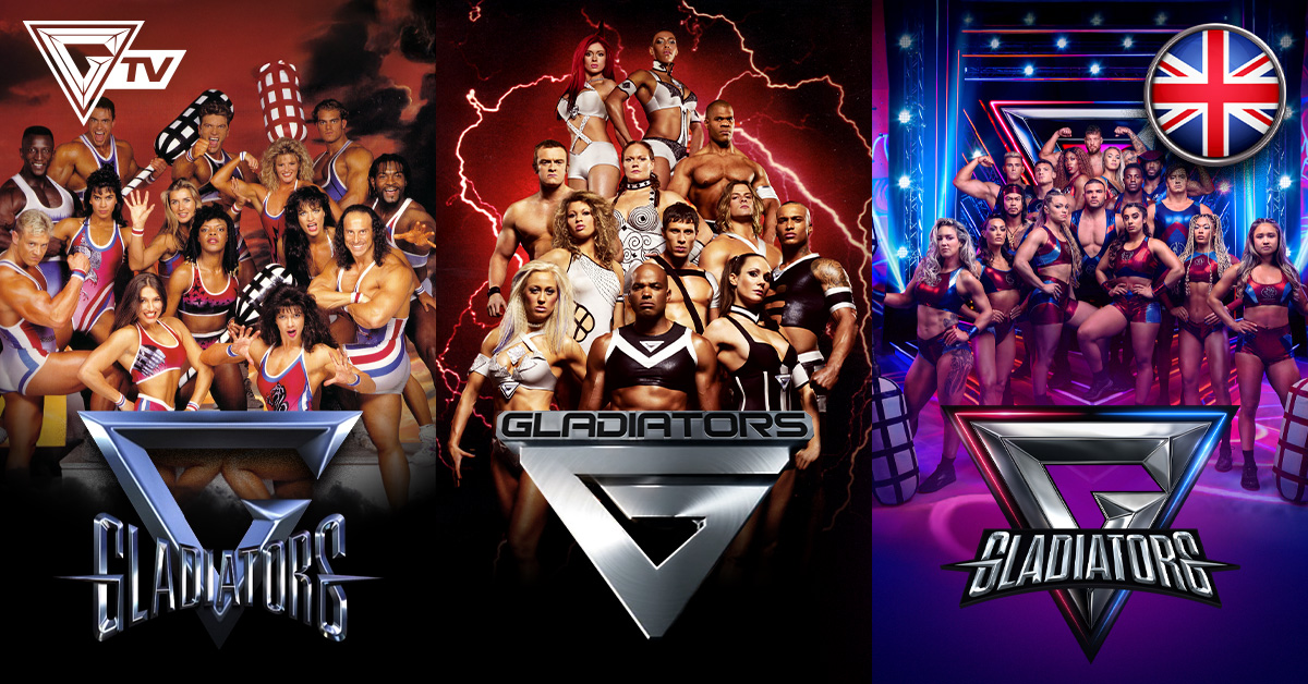 UK Gladiators from all three versions of the show: ITV (1992-2000), Sky (2008-2009), and BBC (2024-present.