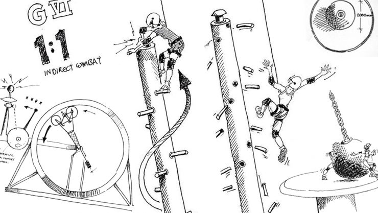 John Coombes concept sketches of some of the events featured on Gladiators.